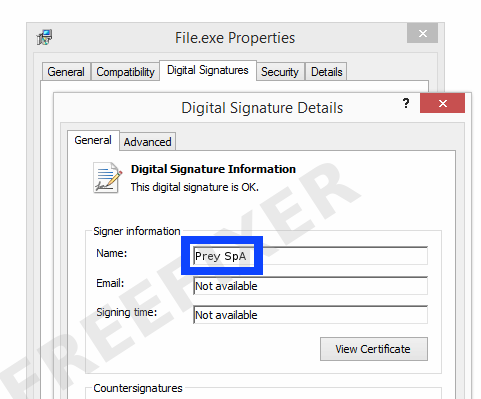 Screenshot of the Prey SpA certificate